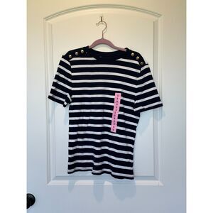 NWT Rafaella Crew Neck Top Button Shoulder Navy White Stripe Size Small